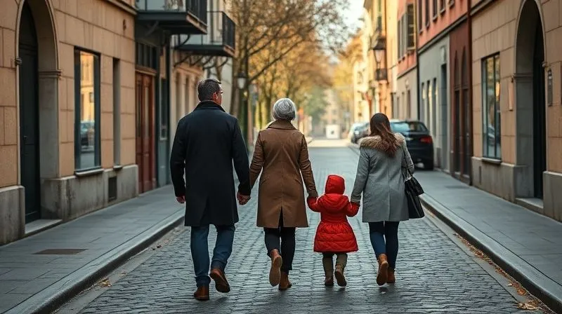 photorealistic, professional photography, 8K, cinematic lighting, sharp focus, depth of field, shot on a high-end DSLR. A serene family (parents, two children) walking hand-in-hand down an empty, picturesque cobblestone street in a European city during a crisp autumn morning, light mist in the air, conveying peace and discovery without crowds.
