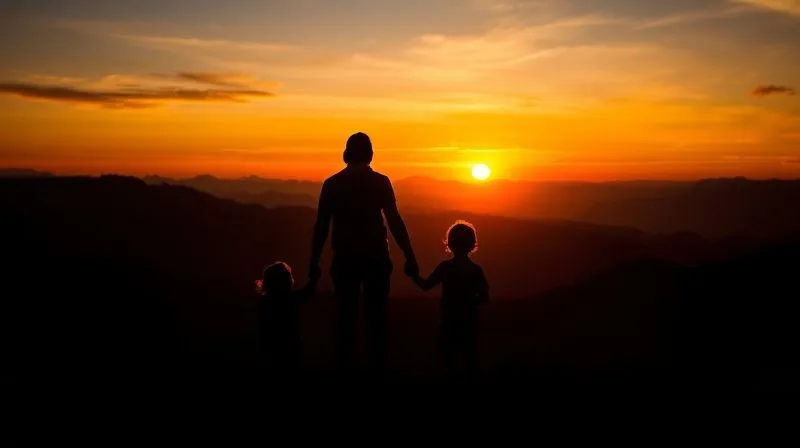 photorealistic, professional photography, 8K, cinematic lighting, sharp focus, depth of field, shot on a high-end DSLR. A family (parents, two children) silhouetted against a breathtaking sunset over a mountain range, holding hands and gazing at the vista, conveying a sense of awe, togetherness, and the priceless value of shared experience.
