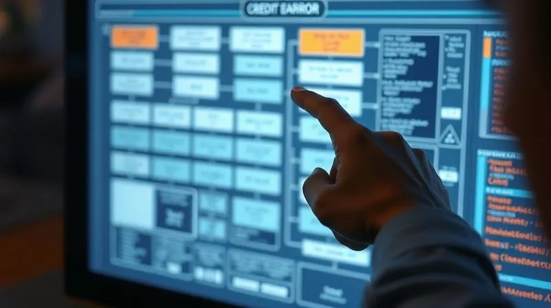 photorealistic, professional photography, 8K, cinematic lighting, sharp focus, depth of field, shot on a high-end DSLR, a person's hand pointing at a complex flowchart on a digital screen, highlighting interconnected errors and data discrepancies, with a worried expression, symbolizing the identification of systemic issues in credit reporting.