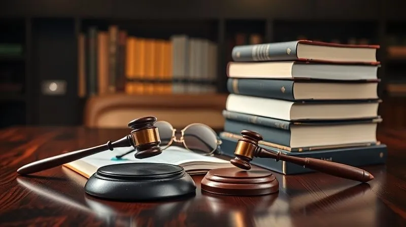 A photorealistic image of a stack of legal textbooks and documents on a polished dark wood table, with a gavel and a pair of reading glasses, dramatic backlighting, sharp focus on the foreground, depth of field, 8K hyper-detailed, shot on a high-end DSLR.
