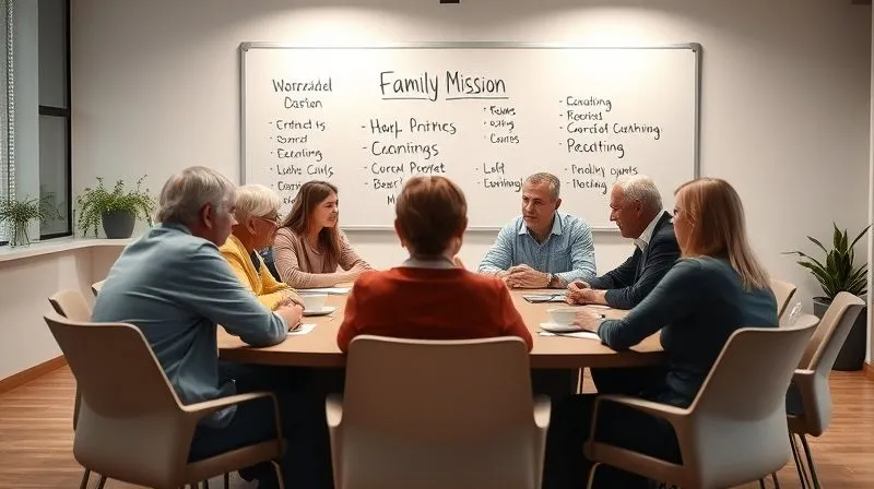 A diverse family group, including grandparents, parents, and young adults, sitting around a conference table in a modern, well-lit room, actively engaged in a discussion. A large whiteboard behind them displays notes and keywords related to 'Family Mission' and 'Values'. The atmosphere is collaborative and thoughtful. Photorealistic, professional photography, 8K, cinematic lighting, sharp focus, depth of field, shot on a high-end DSLR.