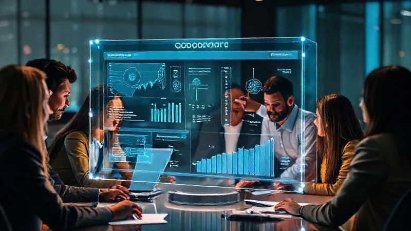A photorealistic, professional photography, 8K, cinematic lighting, sharp focus, depth of field, shot on a high-end DSLR, showing a diverse team of professionals collaboratively working around a holographic display of blockchain data, with one person pointing to a compliance dashboard, symbolizing a strong internal compliance culture and integrated tech stack.