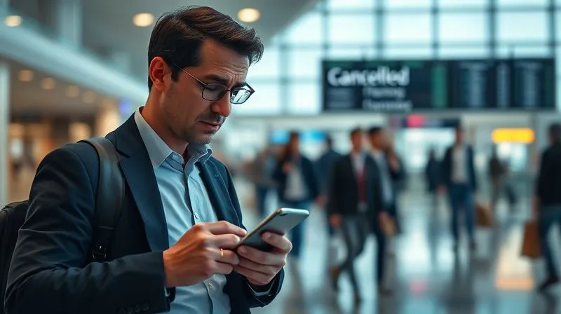 A photorealistic image of a business traveler, mid-stride in a bustling airport terminal, looking stressed while checking a phone. A blurred departure board shows 'Delayed' or 'Cancelled'. Cinematic lighting, sharp focus on the traveler's face, depth of field, 8K, professional photography, shot on a high-end DSLR, conveying urgency and uncertainty.