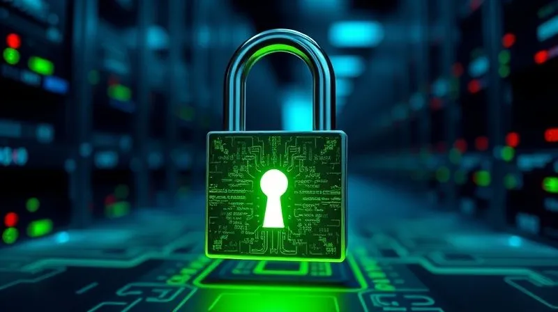 A photorealistic image of a digital padlock glowing with green light, protecting a stylized blockchain ledger and sensitive data streams, set against a backdrop of a secure data center. Professional photography, 8K, cinematic lighting, sharp focus on the padlock, depth of field blurring the background, shot on a high-end DSLR.