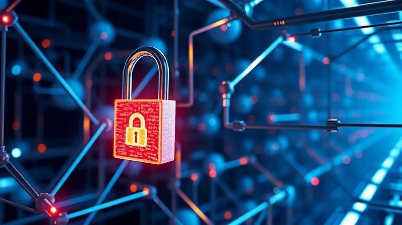 A photorealistic, professional photography, 8K, cinematic lighting, sharp focus, depth of field, shot on a high-end DSLR, depicting a futuristic, glowing digital padlock securing a complex network of blockchain nodes, with data flowing through transparent pipes. The image should symbolize RegTech's role in automating and securing digital currency compliance.