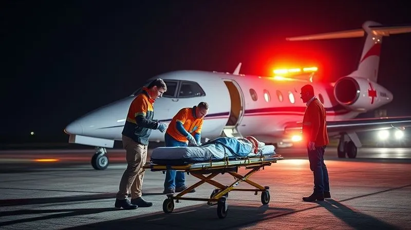 A photorealistic medical team in specialized uniforms, including a doctor and nurse, preparing a patient on a stretcher for transport into a waiting air ambulance jet. The scene is at night on a remote airstrip, illuminated by the bright lights of the aircraft and ground vehicles, conveying urgency and precision. Sharp focus on the medical personnel and equipment, depth of field blurring the background. 8K hyper-detailed, professional photography, cinematic lighting.