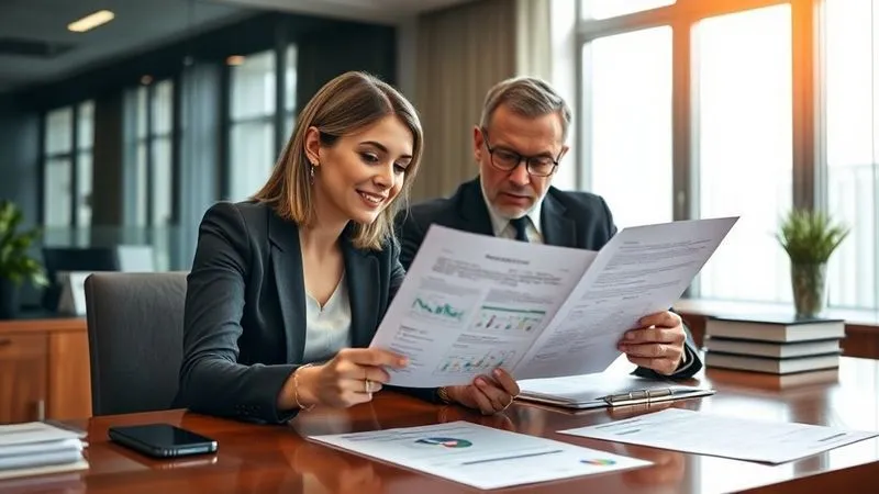 A photorealistic image of a professional woman, a financial advisor, meticulously reviewing a complex document with a client, a specialist professional. They are seated at a polished desk in a modern office, surrounded by detailed charts and forms. Cinematic lighting, sharp focus on their faces and the documents, depth of field blurring the background. Shot on a high-end DSLR, 8K hyper-detailed.