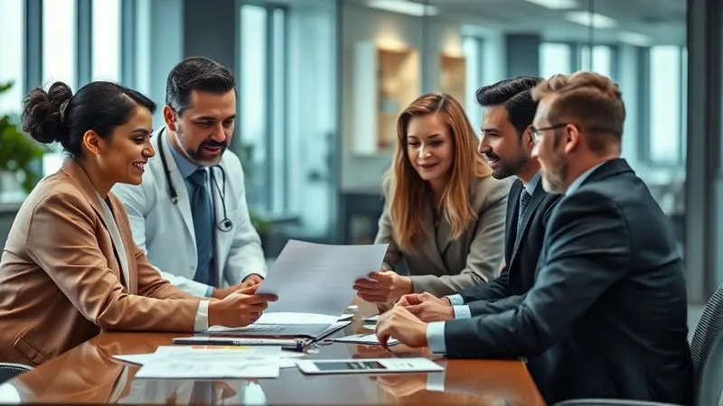 A photorealistic image of a diverse group of professionals (a doctor, an engineer, a lawyer) gathered around a table with a financial advisor, looking at documents and charts. They are engaged in a serious discussion about future planning, with an atmosphere of trust and collaboration. Cinematic lighting, sharp focus on the group, depth of field blurring the modern office background. Shot on a high-end DSLR, 8K hyper-detailed.