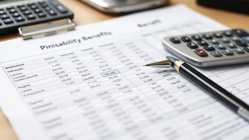 A photorealistic image of a detailed financial spreadsheet showing income projections and disability benefits, with a calculator and pen resting on it. The numbers are clear and legible, indicating financial planning and security. Cinematic lighting, sharp focus on the spreadsheet, depth of field blurring a professional desk background. Shot on a high-end DSLR, 8K hyper-detailed.