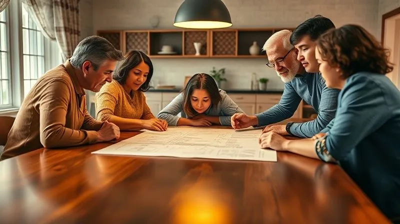 photorealistic, professional photography, 8K, cinematic lighting, sharp focus, depth of field, shot on a high-end DSLR. A group of diverse family members (multi-generational) gathered around a large, polished wooden table, intently focused on a shared document or blueprint, with expressions of collaboration and thoughtful discussion, a warm, inviting light illuminating their faces, symbolizing unity through shared purpose.
