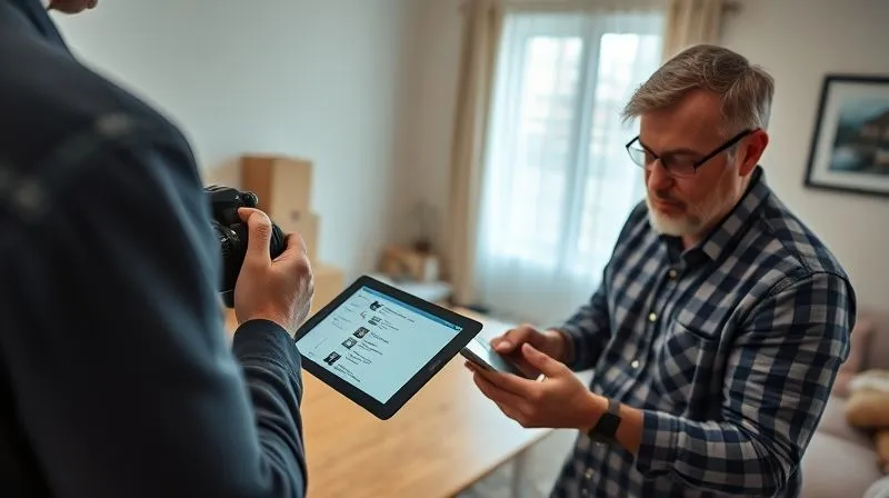 photorealistic, professional photography, 8K, cinematic lighting, sharp focus, depth of field, shot on a high-end DSLR, a landlord meticulously documenting property damage with a tablet and camera, in a recently vacated apartment, with moving boxes and minor debris in the background, conveying the diligent process of post-eviction assessment.