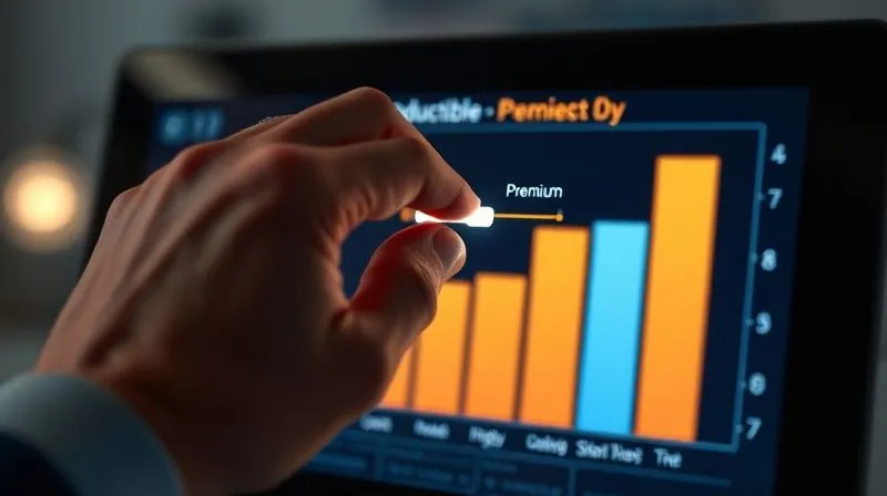 photorealistic, professional photography, 8K, cinematic lighting, sharp focus on a hand adjusting a slider on a digital interface, with a graphic showing 'Deductible' increasing and 'Premium' decreasing, depth of field blurring a comparison chart in the background, conveying smart financial choices, shot on a high-end DSLR