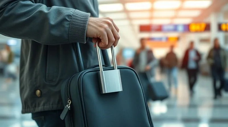 photorealistic, professional photography, 8K, cinematic lighting, sharp focus on a traveler discreetly securing a small, high-tech bag with a padlock to a fixed object in a bustling but safe-looking airport lounge, depth of field blurring other travelers in the background, conveying vigilance and smart security, shot on a high-end DSLR