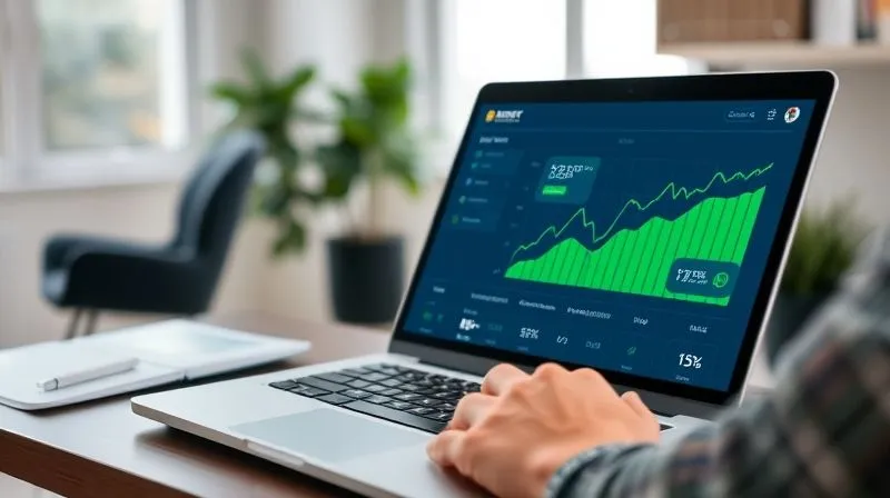 A photorealistic image of a person confidently reviewing their online banking dashboard on a laptop, showing a green upward-trending credit score graph, with a blurred background of a serene home office, professional photography, 8K, cinematic lighting, sharp focus, depth of field.