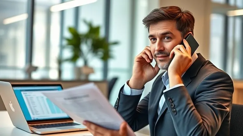photorealistic, professional photography, 8K, cinematic lighting, sharp focus, depth of field, shot on a high-end DSLR. A determined business professional, mid-thirties, in a modern office, is on a phone call. They hold a document with one hand and a phone to their ear, making eye contact with the camera, conveying a sense of negotiation and problem-solving. A laptop screen in the background shows a credit report.