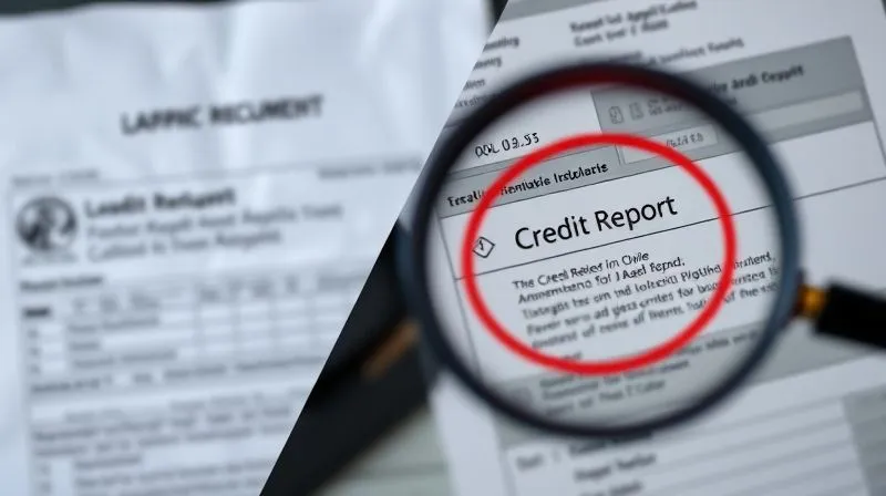 A split screen image. On one side, a blurred, distressed loan application document. On the other, a magnifying glass hovering over a section of a credit report highlighting a clear error, with a red circle around it. The contrast emphasizes the problem. Photorealistic, professional photography, 8K, cinematic lighting, sharp focus, depth of field, shot on a high-end DSLR.