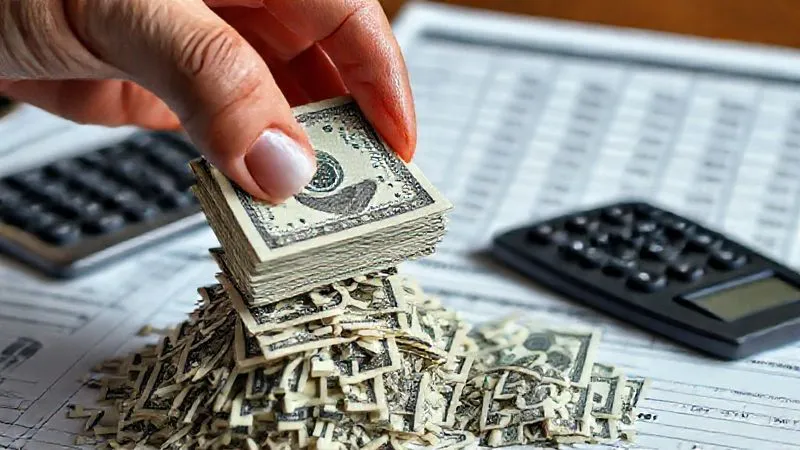 A photorealistic close-up of a hand moving a small stack of dollar bills from one pile (representing high-interest debt) to another (representing reduced debt), with a calculator and a spreadsheet showing financial figures in the background. Cinematic lighting, sharp focus on the money and hands, depth of field, 8K hyper-detailed.