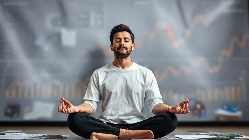 A photorealistic image depicting a person meditating calmly amidst a subtle background of blurred financial charts and credit cards, symbolizing control over financial impulses. Soft, warm lighting, sharp focus on the person, depth of field, 8K hyper-detailed.