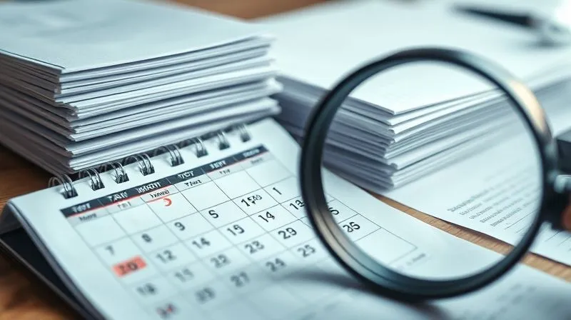 photorealistic, professional photography, 8K, cinematic lighting, sharp focus, depth of field, shot on a high-end DSLR, a close-up of a calendar with specific dates circled and highlighted, next to a stack of neatly organized documents and a magnifying glass, conveying meticulous tracking and follow-up.