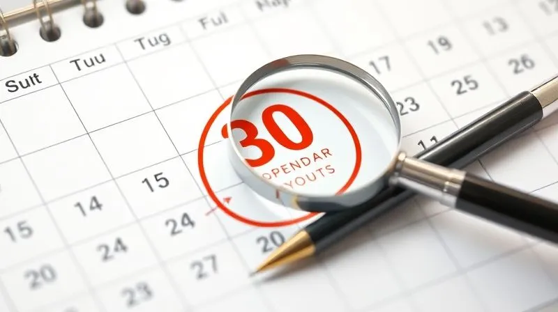 A photorealistic image of a calendar highlighting a 30-day period, with a magnifying glass focused on the circled dates, and a pen resting beside the calendar.