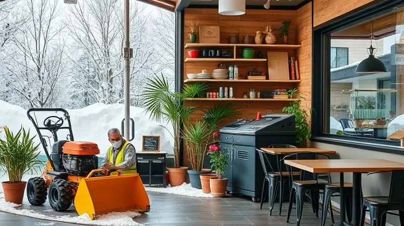 A photorealistic image of a diverse set of products and services originating from a single core business. For example, a winter scene showing snow removal equipment next to a summer scene with garden landscaping tools, or a cafe offering both hot beverages and cold artisanal ice cream. Professional photography, 8K, cinematic lighting, sharp focus, depth of field, shot on a high-end DSLR.