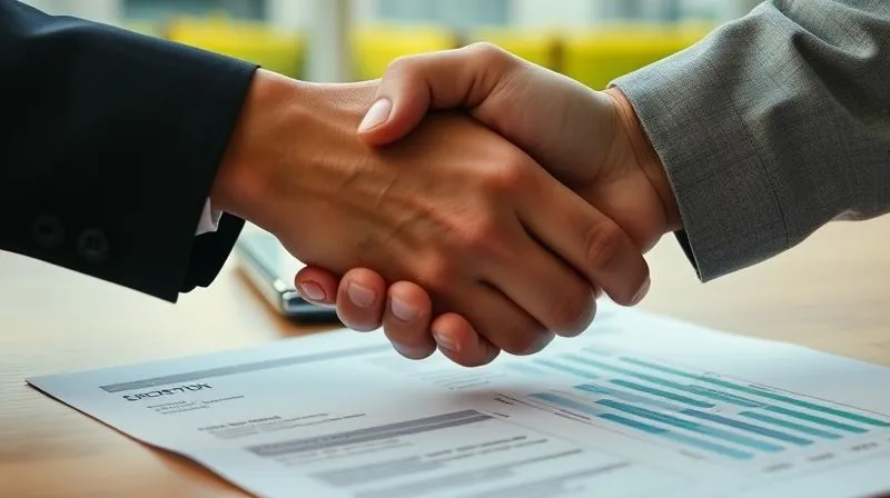 A photorealistic image of a handshake over a financial document, symbolizing a strong business relationship and secure financing. In the background, there's a subtle visual hint of a seasonal business (e.g., a blurred image of a vineyard or a ski slope). Professional photography, 8K, cinematic lighting, sharp focus on the handshake, depth of field blurring the background, shot on a high-end DSLR.