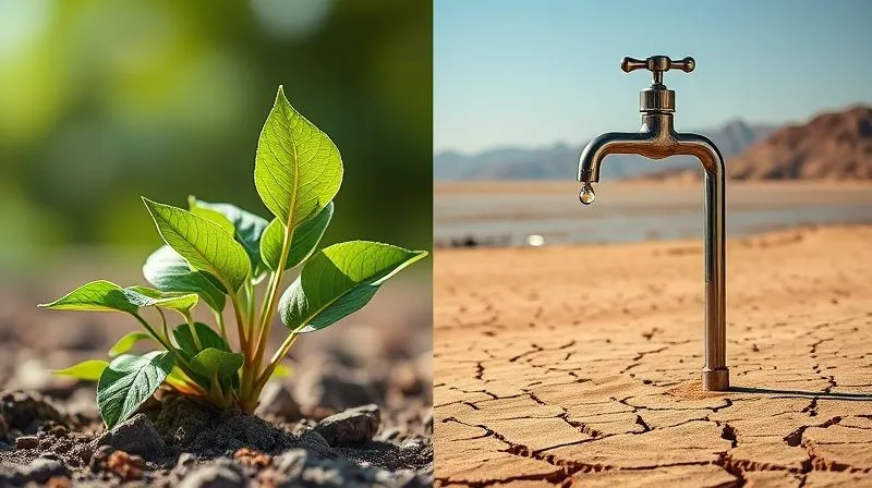 A photorealistic split image: on one side, a thriving green plant representing 'profit' with numbers going up; on the other side, a dry, cracked desert floor with a single dripping faucet representing 'cash flow challenges'. 8K, cinematic lighting, sharp focus, depth of field, shot on a high-end DSLR.