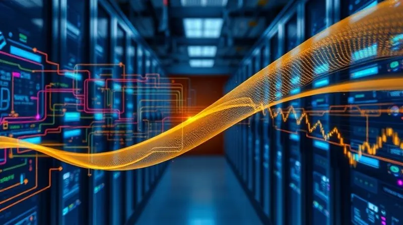 photorealistic, professional photography, 8K, cinematic lighting, sharp focus, depth of field, shot on a high-end DSLR, a complex digital flowchart with different colored data streams converging and being transformed into a single, uniform golden stream, symbolizing data standardization and a universal data model. In the background, a modern server room glows with soft blue light.
