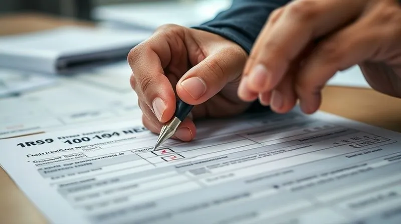 A close-up, photorealistic shot of a person's hands meticulously filling out an IRS Form 1099-NEC, with a focus on the 'CORRECTED' box being checked. A pen is poised over the form, and blurred financial documents are visible in the background, professional office setting, cinematic lighting, 8K, sharp focus, depth of field.
