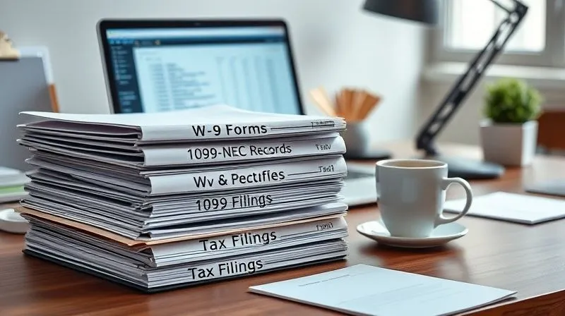 A highly organized desk with neatly stacked folders labeled 'W-9 Forms', '1099-NEC Records', and 'Tax Filings'. A laptop screen displays accounting software, and a cup of coffee sits beside it, conveying efficiency and preparedness. Photorealistic, professional photography, 8K, cinematic lighting, sharp focus on the desk, depth of field. Shot on a high-end DSLR.