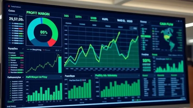 A photorealistic image of a complex financial dashboard displaying green upward trends for 'Profit Margin' and 'Cash Flow', with various charts and graphs indicating healthy financial performance. Professional photography, 8K, cinematic lighting, sharp focus on the central dashboard, depth of field blurring office background, shot on a high-end DSLR.