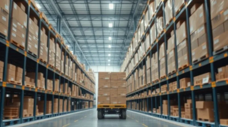 A photorealistic image of a well-organized warehouse with minimal inventory, bright lighting, and an automated system moving a single pallet. Professional photography, 8K, cinematic lighting, sharp focus on the efficient movement, depth of field blurring the background, shot on a high-end DSLR.