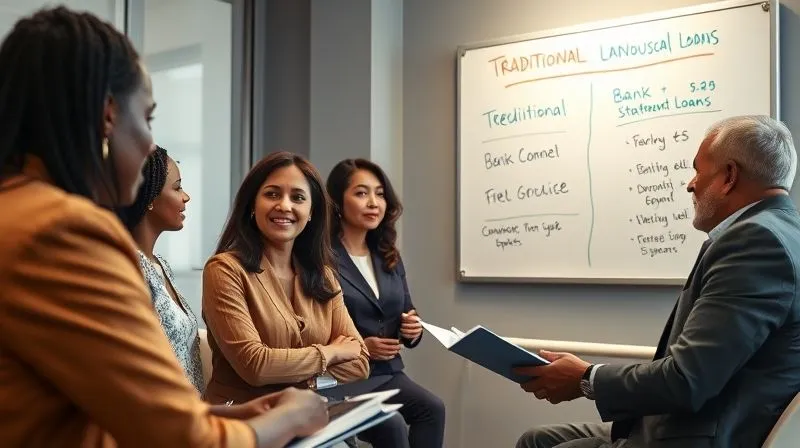 photorealistic, professional photography, 8K, cinematic lighting, sharp focus, depth of field, shot on a high-end DSLR. A diverse group of people, including a professional-looking freelancer and a small business owner, engaged in a discussion with a mortgage advisor in a modern, light-filled office. A whiteboard behind them shows a diagram comparing 'Traditional Loans' and 'Bank Statement Loans,' symbolizing flexible solutions for varied income types.