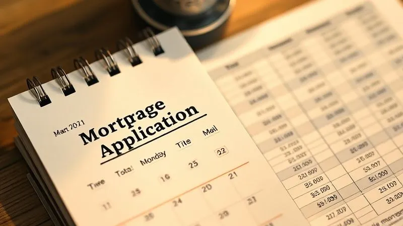 photorealistic, professional photography, 8K, cinematic lighting, sharp focus, depth of field, shot on a high-end DSLR. A calendar with 'Mortgage Application' highlighted on a specific date, next to a financial spreadsheet showing income projections and averages. The scene is bathed in warm, thoughtful light, emphasizing careful planning and strategic timing for a significant financial decision.