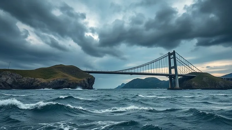 A photorealistic image of a sturdy, modern bridge connecting two landmasses across turbulent waters, under a dramatic sky. The bridge represents financial stability, while the waters represent business struggles. Professional photography, 8K, cinematic lighting, sharp focus, depth of field, shot on a high-end DSLR.