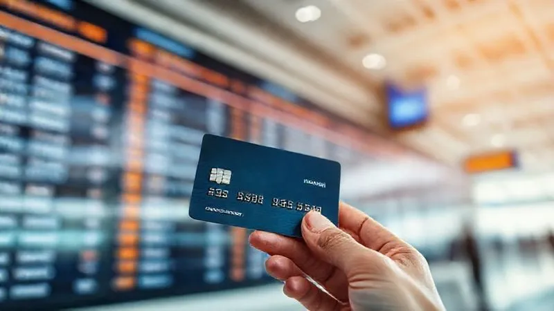 A close-up, photorealistic shot of a hand holding a sleek, premium travel credit card, with a blurred background of international airport departures and a flight board displaying exotic destinations. Cinematic lighting, sharp focus on the card, depth of field, 8K hyper-detailed, professional photography, shot on a high-end DSLR.
