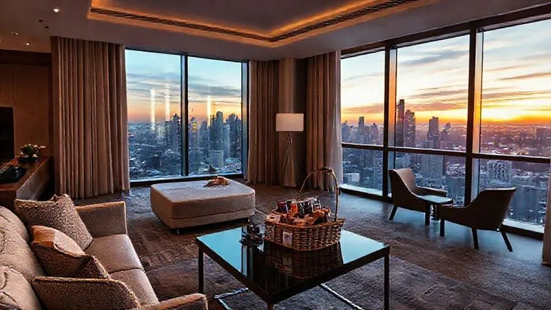 A photorealistic, professional photography shot of a luxurious hotel suite, featuring a spacious living area with modern design furniture, a large window overlooking a bustling city skyline at sunset. A welcome amenity basket is on a coffee table. Cinematic lighting, sharp focus on the interior, depth of field blurring the city slightly, 8K hyper-detailed, shot on a high-end DSLR.