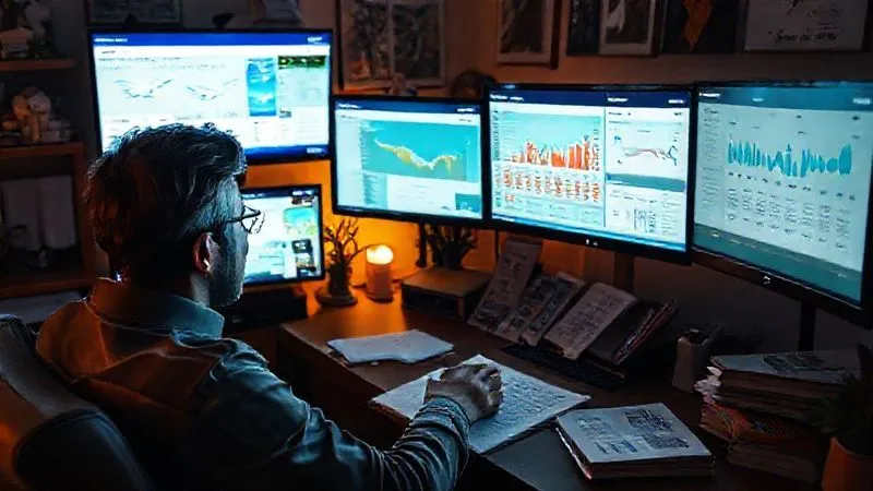 A photorealistic image of a person intently looking at multiple screens displaying flight deals, hotel options, and loyalty program dashboards, surrounded by travel guides and notes. The setting is a cozy, well-lit home office, conveying a sense of diligent research and strategic planning. Cinematic lighting, sharp focus on the person and screens, depth of field, 8K hyper-detailed, professional photography, shot on a high-end DSLR.