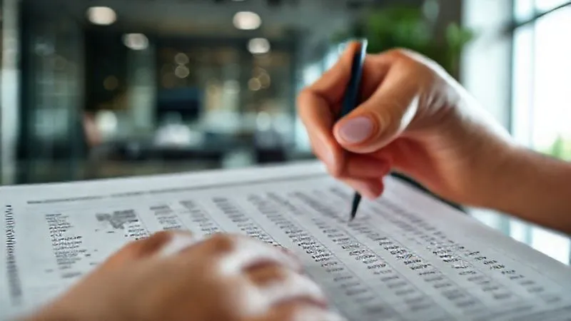 A photorealistic image of a detailed financial ledger or balance sheet, with a single hand meticulously tracing lines of data. The background is slightly blurred, showing the corner of a modern office. Cinematic lighting, sharp focus on the ledger, depth of field, 8K hyper-detailed.