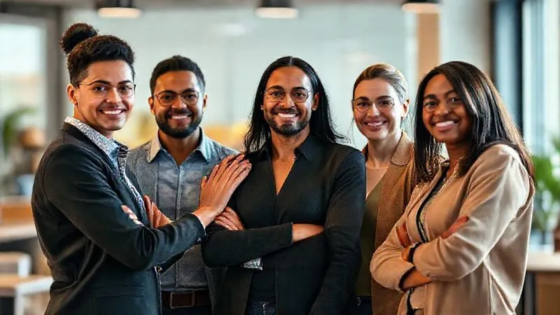 A photorealistic image of a diverse group of employees standing together, looking supportive and empathetic. One employee is gently placing a hand on another's shoulder. The setting is a warm, inviting office space with soft lighting. Cinematic lighting, sharp focus on the faces and gesture, depth of field, 8K hyper-detailed.