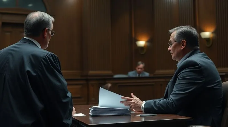 photorealistic, professional photography, 8K, cinematic lighting, sharp focus, depth of field, shot on a high-end DSLR. A somber, professional courtroom scene. A judge, in robes, is seen from a respectful distance, presiding over a bench. A landlord, looking determined but weary, sits at a table with their attorney, who is gesturing towards a stack of documents. The lighting is formal and slightly stark, emphasizing the gravity of the legal process.