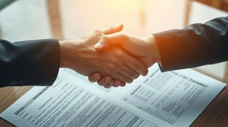 A photorealistic image of two hands shaking over a table with financial documents, representing a swap agreement. Cinematic lighting, sharp focus on the hands, depth of field blurring the documents.