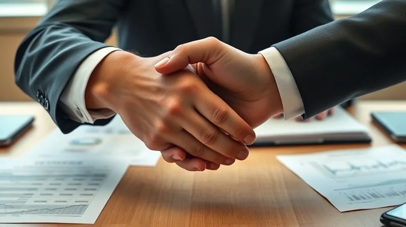 A photorealistic image of two hands shaking across a desk, one hand belonging to a well-dressed professional and the other to an unseen figure, symbolizing negotiation and professional interaction, with financial documents subtly in the background, cinematic lighting, 8K, professional photography.