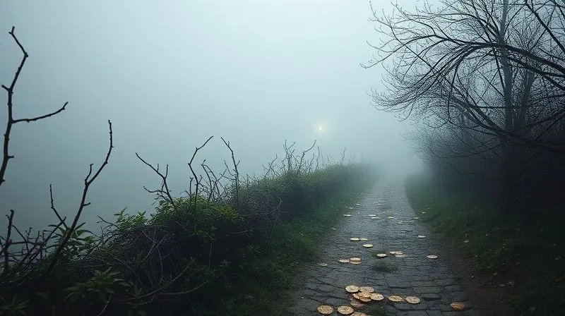 A photorealistic, professional photography, 8K, cinematic lighting, sharp focus, depth of field, shot on a high-end DSLR, of a winding, thorny path leading to a foggy, obscured financial landscape, with subtle broken currency symbols scattered along the path, symbolizing the pitfalls and complexities of unmanaged currency risk. A guiding light or beacon is faintly visible in the distance, representing clarity and strategy.