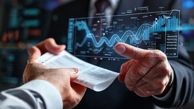 A photorealistic image of a trader's hands, one holding a futures contract scroll, the other pointing to a complex options chain displayed on a holographic interface. The background shows abstract market data visualizations. Professional photography, 8K, cinematic lighting, sharp focus on the hands and documents, depth of field, shot on a high-end DSLR.