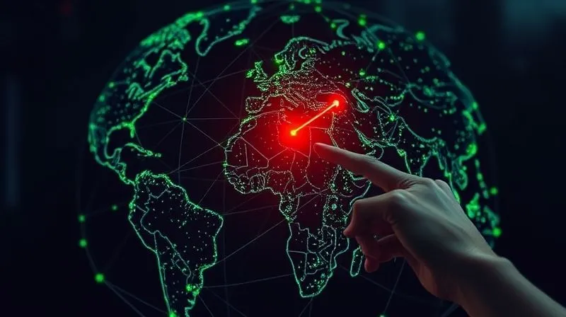 photorealistic, professional photography, 8K, cinematic lighting, sharp focus, depth of field, shot on a high-end DSLR. A complex, interconnected web of glowing lines stretching across a dark globe, with some nodes flickering red and others stable green, symbolizing the volatile and interconnected nature of global geopolitical risks and investment flows. A hand points to a red flickering node, indicating a hotspot.