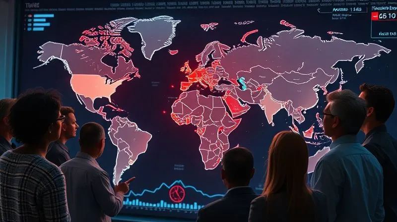 photorealistic, professional photography, 8K, cinematic lighting, sharp focus, depth of field, shot on a high-end DSLR. A diverse group of financial professionals intensely gathered around a large, illuminated holographic map of the world, with various data overlays. Some areas are highlighted in red, indicating potential geopolitical hotspots. They are engaged in a serious discussion, pointing to different regions, symbolizing strategic scenario planning and stress testing.