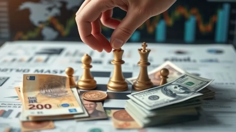 A photorealistic, professional photography image of a diverse set of international currencies (Euro, Yen, Pound, Yuan, Dollar) spread out on a table, with a hand strategically arranging them like chess pieces. The background shows blurred global financial charts. 8K, cinematic lighting, sharp focus on the currencies and hand, depth of field blurring the charts, shot on a high-end DSLR.