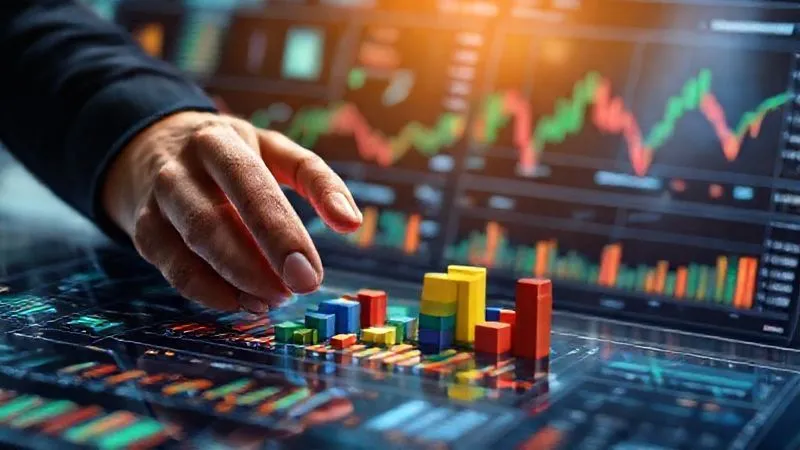 A photorealistic image of a person's hands meticulously arranging small, colorful blocks on a complex financial dashboard displayed on a futuristic transparent screen. The blocks represent different asset classes, and the person is carefully rebalancing the portfolio, with charts and graphs in the background showing market fluctuations. The scene is bathed in soft, analytical lighting, sharp focus on the hands and screen, depth of field blurring the background. Professional photography, 8K, shot on a high-end DSLR, conveying precision and continuous management.