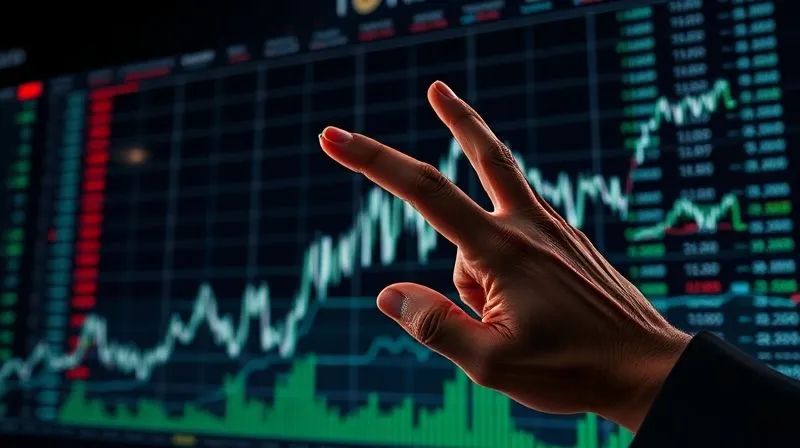 A photorealistic image of a complex financial chart with suspiciously erratic spikes and drops in trading volume, overlaid with a transparent, distorted hand manipulating the data. The background is a dimly lit trading floor, cinematic lighting, sharp focus on the chart and hand, depth of field blurring the background, 8K hyper-detailed, professional photography, shot on a high-end DSLR.